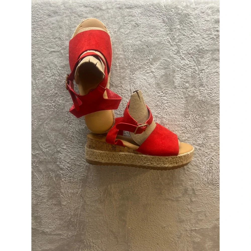 Red Espadrille Platform Sandals Ankle‎ Strap Buckle Summer Shoes